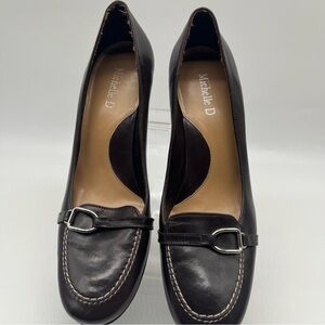 Michelle D Womens Dark Brown Leather Loafers Size 8.5 M Kitten Heel Pumps